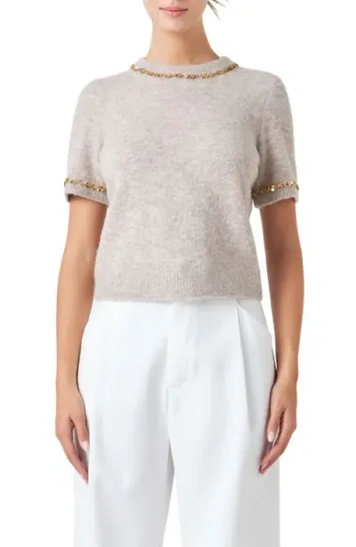 Endless Rose Paillette Trim Short Sleeve Sweater In Taupe