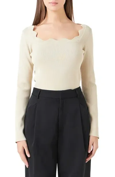 Endless Rose Scallop Square Neck Sweater In Taupe