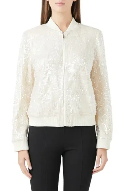 Endless Rose Sequin Bomber Jacket In Ivory Beige