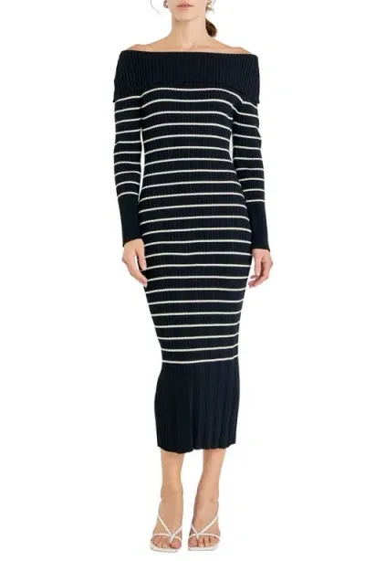 Endless Rose Stripe Off The Shoulder Long Sleeve Sweater Dress In Black/nude