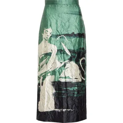 Erdem Amneris Painting Metallic Satin Pencil Skirt In Green