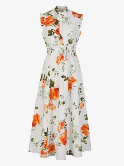 Erdem Cotton Floral Print Midi Dress In White