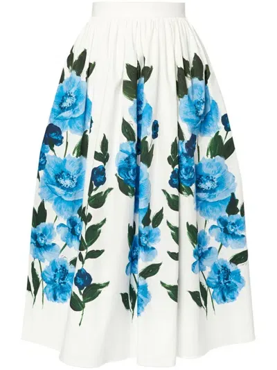 Erdem Painted Floral Midi Skirt In White  Blue