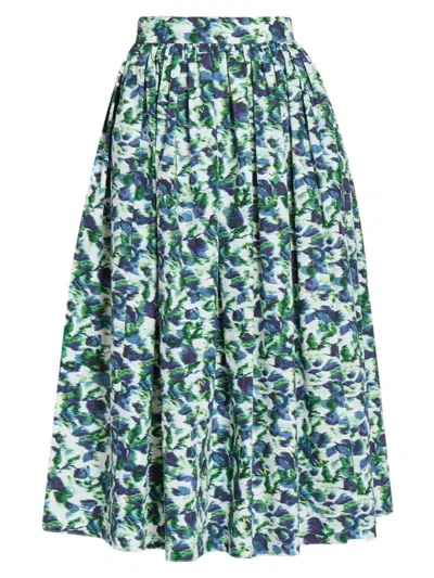 Erdem Volume Flower-print Cotton-poplin Midi Skirt In White Multi