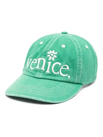 Erl Slogan-embroidered Cap In Green