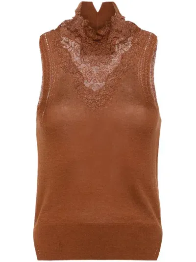 Ermanno Scervino Lace-panel Fine-knit Top In Brown