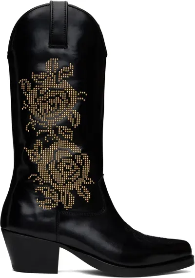 Ernest W Baker Black Rose Studded High Western Boots In Black W/ Rose Studs