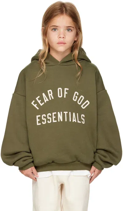 Essentials Kids Khaki Printed Logo Hoodie In Military