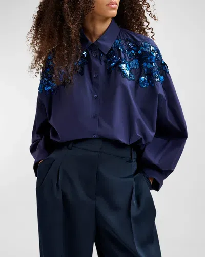 Essentiel Antwerp Gdog Sequin And Bead Embroidered Cotton Poplin Shirt In Evening Blue