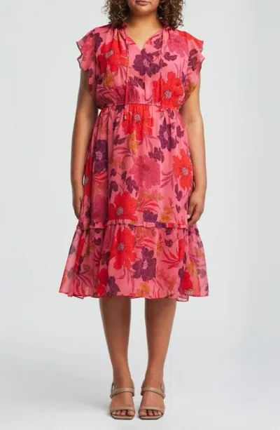 Estelle Delta Floral Tiered Midi Dress In Pink Floral