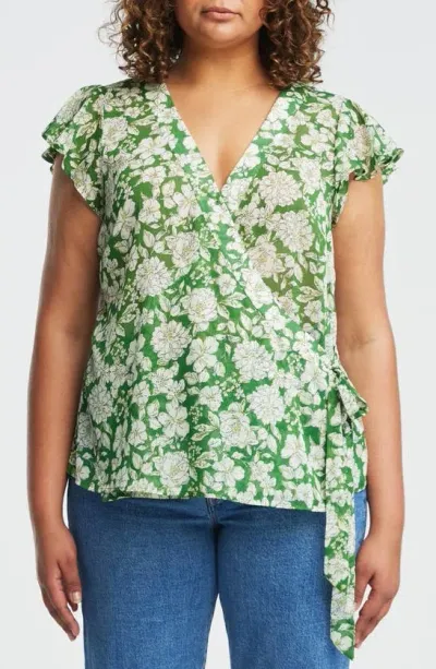 Estelle Field Floral Wrap Top In Green Floral