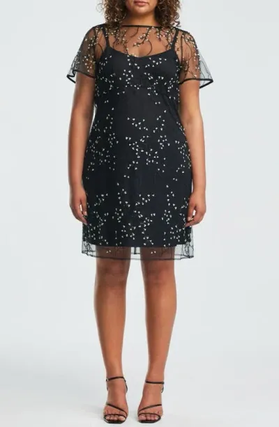 Estelle Floral Embroidered Mesh Cocktail Dress In Black