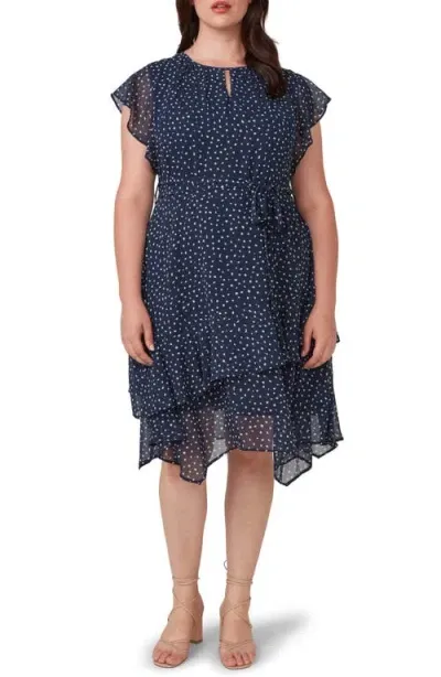 Estelle Night Pebble Ruffle Tie Waist Dress In Navy/milk