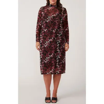 Estelle Reflection Leaves Long Sleeve Mesh Midi Dress In Black/rose