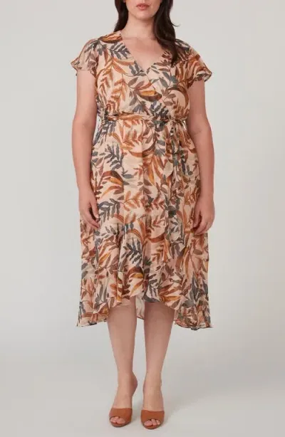 Estelle Tropic Leaves Faux Wrap Midi Dress In Print