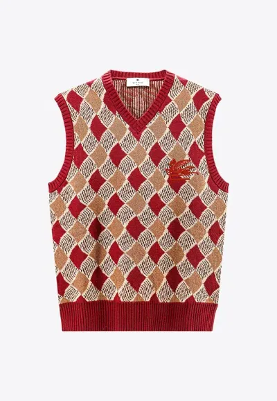 Etro Argyle Check Logo Vest In Wool In Multicolor