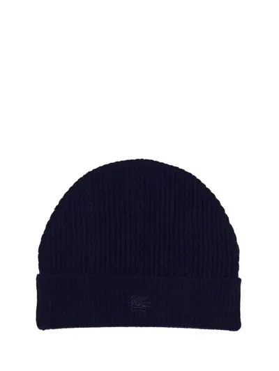 Etro Beanie Hat With Logo In Blue