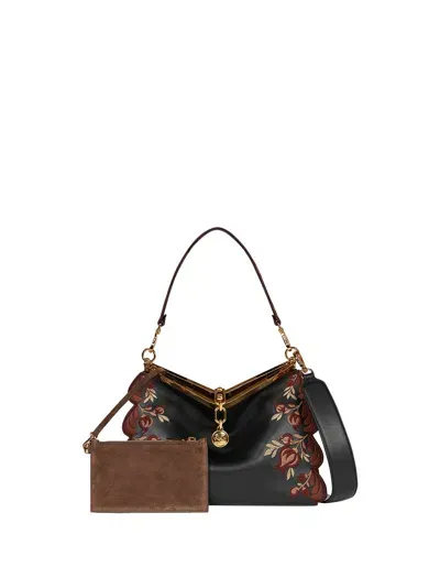 Etro Medium Embroidered Vela Shoulder Bag In Black