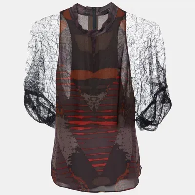 Pre-owned Etro Black Printed Silk & Lace Mock Neck Blouse S