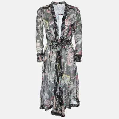 Pre-owned Etro Black Printed Silk V Neck Midi Dress S