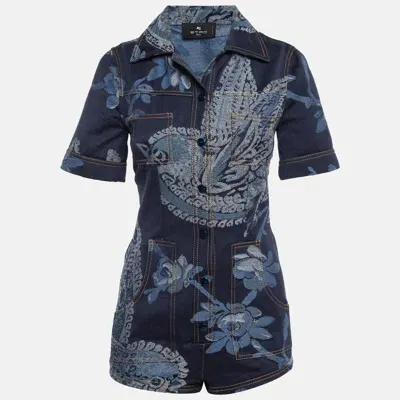 Pre-owned Etro Blue Floral Jacquard Denim Playsuit S