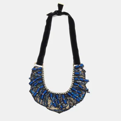 Pre-owned Etro Blue Silk Brocade Crystal Bead Statement Fabric Necklace