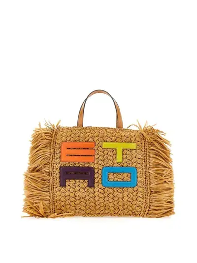 Etro Raffia Tote Bag In Brown