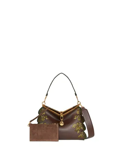 Etro Brown Medium Vela Bag With Embroidery In White