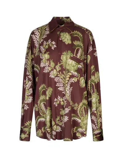 Etro Burgundy Shirt With Floral Foliage Print In Bordeaux