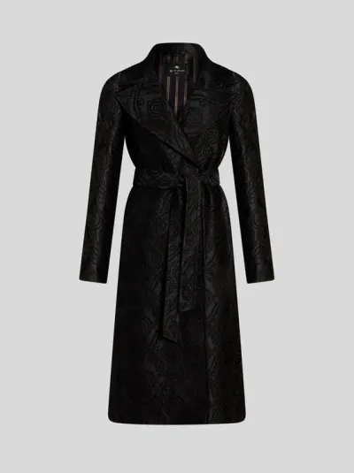 Etro Jacquard Belted Coat In Black