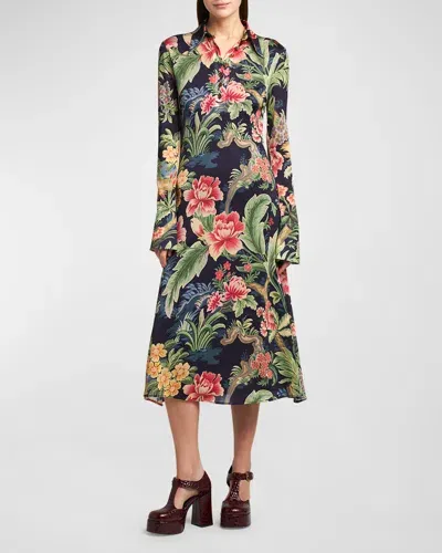 Etro Cons Floral Print Collared Midi Dress In Print On Blue Base