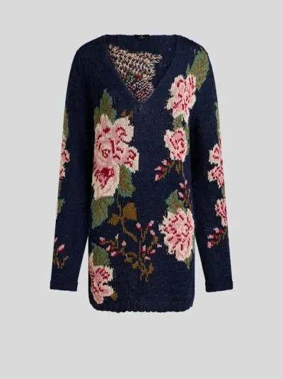 Etro Floral-jacquard Cotton Jumper In 蓝色