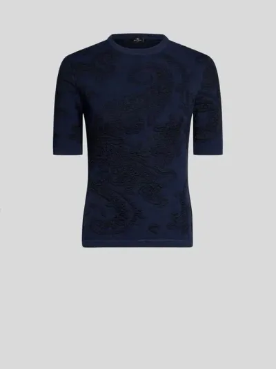 Etro Cotton Jacquard T-shirt In Navy Blue