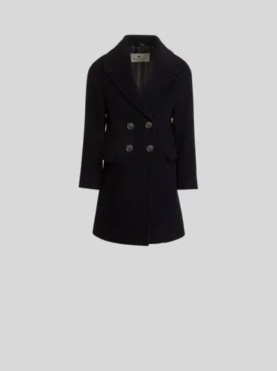 Etro Double-breasted Coat For Children In Navy Blue