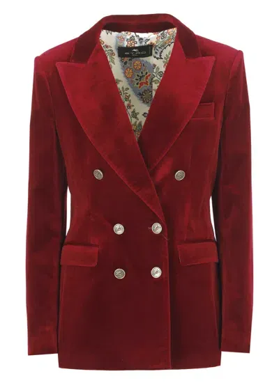 Etro Double Breasted Velvet Blazer In Red