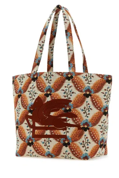 Etro Embroidered Canvas Medium Soft Trotter Shopping Bag In Orange