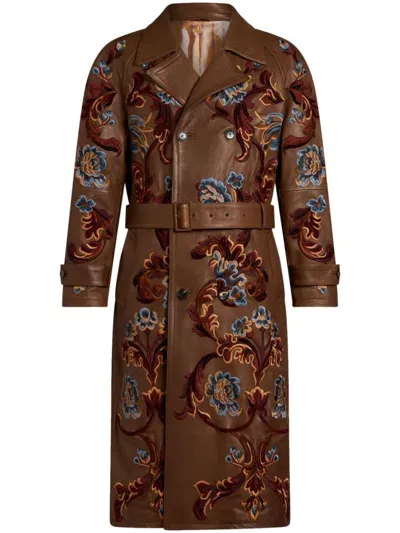 Etro Floral-embroidery Coat In Braun