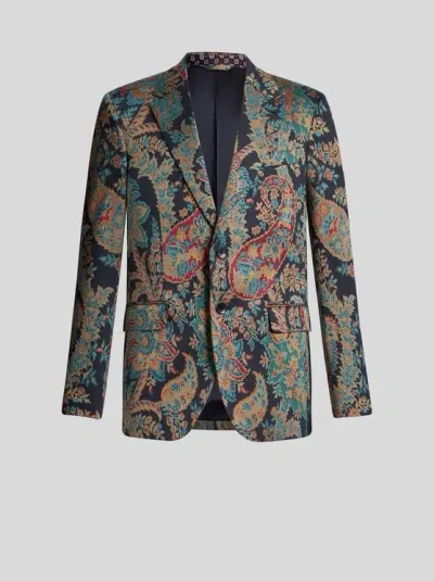 Etro Floral Paisley Jacquard Blazer In Navy Blue