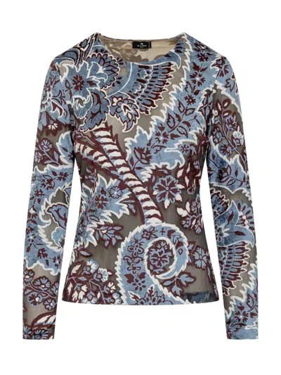 Etro Floral Paisley Tulle Top In Blue