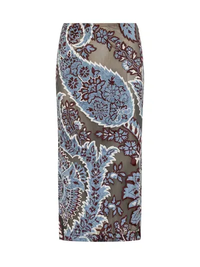 Etro Floral Pasiley Tulle Midi Skirt In Blue