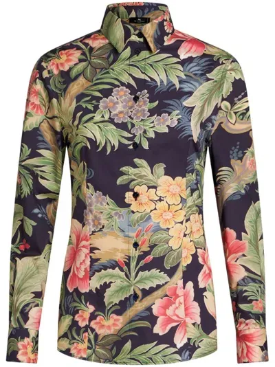 Etro Floral-print Long-sleeve Shirt In Green