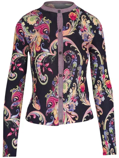 Etro Floral-print Ribbed-knit Cardigan In Blue