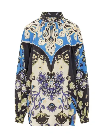 Etro Floral Print Round Neck Blouse In Blue