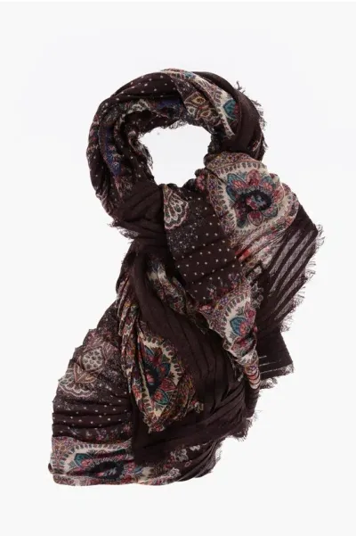 Etro Floral Print Wool Pleated Scarf In Multi