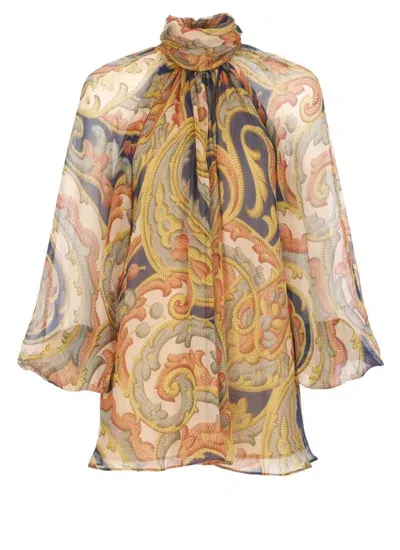 Etro Floral Printed Pleated Turtleneck Top In Brown