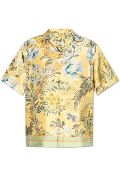 Etro Printed Silk Short Sleeve Shirt In Yellow