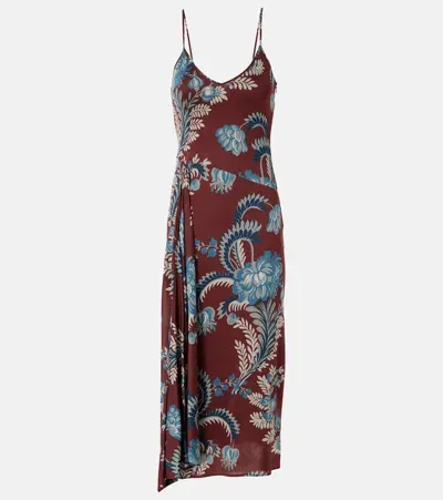 Etro Floral Satin Midi Dress In Brown/multi