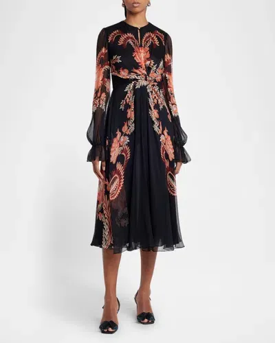 Etro Floral Silk Chiffon Long-sleeved Midi Dress In Print On Black Base