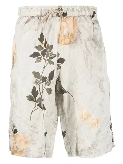 Etro Long Flower Print Viscose Swim Shorts In Beige