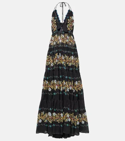 Etro Floral Tiered Cotton Gown In Black